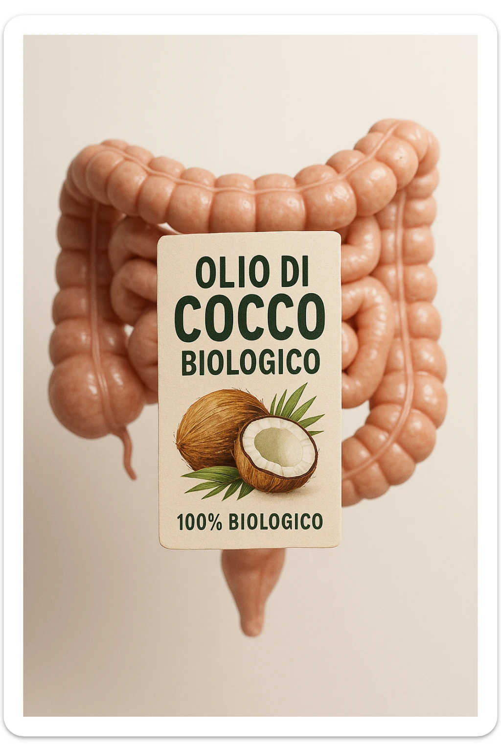 BOCCETTA DI OLIO DI COCCO BIOLOGICO (FAI UN ETICHETTA SUL PRODOTTO IN ITALIANO) CHE FLUTTUA IN ARIA DAVANTI A UN INTESTINO UMANO ANATOMICO IN PERFETTA SALUTE, SFONDO CHIARO, iperrealistico 4k sticker