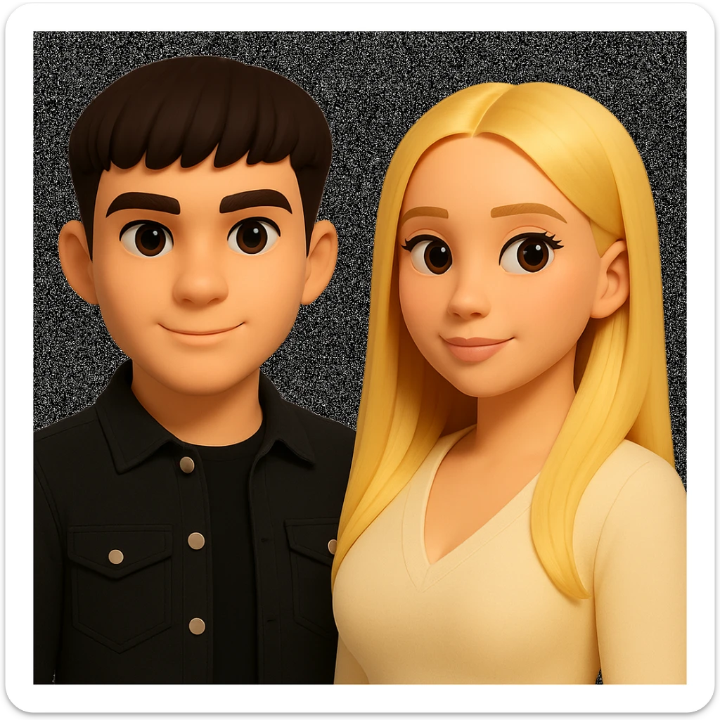 Slightly increase the volume of the upper body of the girl, separate the girl and the boy from each other, and make the skin color the same for both characters. Maintain the cartoonish 3D style in the edit. sticker
