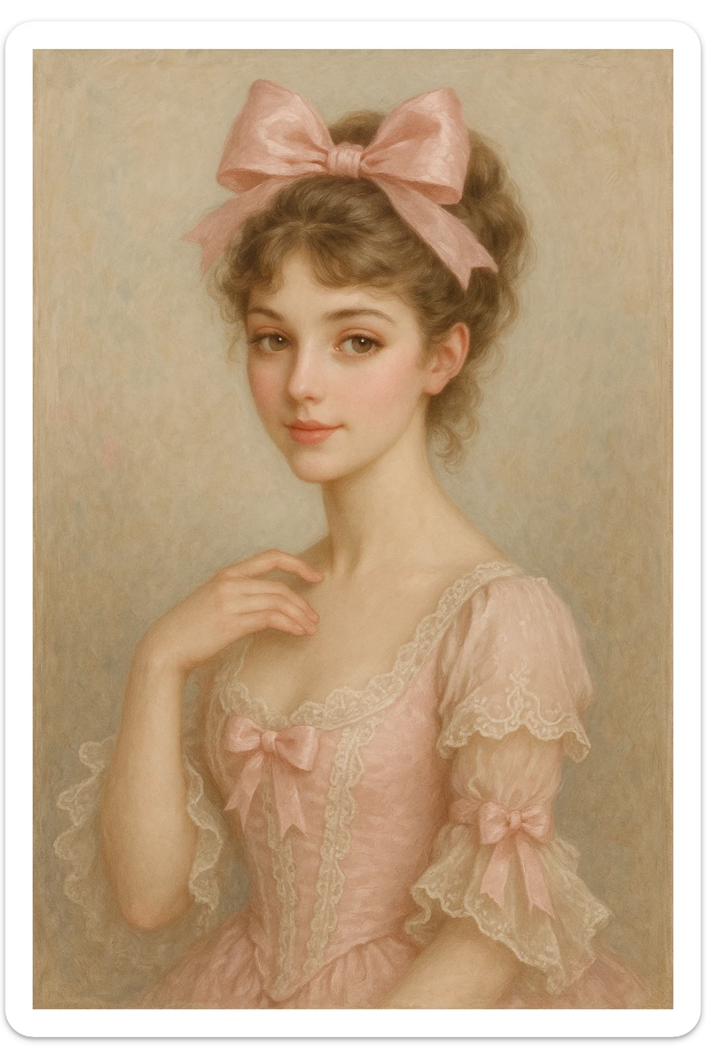 elegant feminine coquette woman with a pink bow, sweet expression, detailed, refined style sticker
