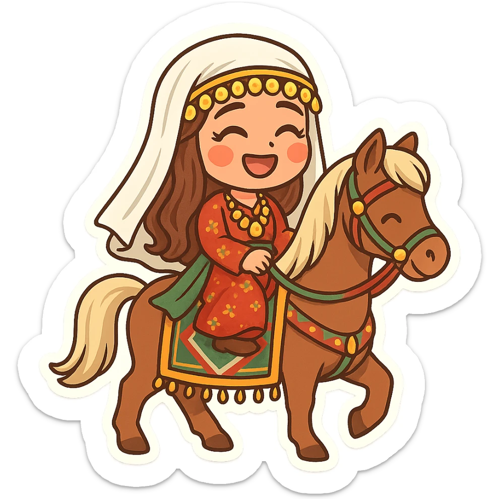 cartoon sticker of a happy Kurdish bride wearing traditional female clothing, riding a horse alone like in old Kurdish wedding ceremonies, colorful, no text, suitable for WhatsApp and Instagram sticker