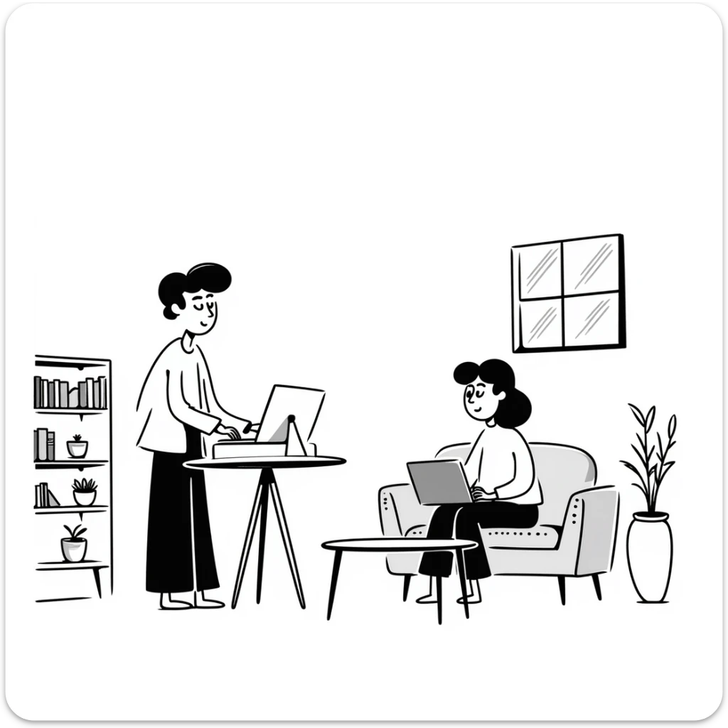 escenary 3d of a cozy mid-century living room with two people working on laptops, one man standing at a desk and one woman sitting on a couch, two walls and floor visible sticker