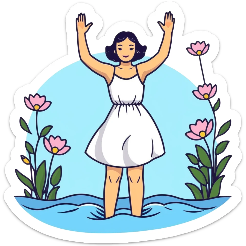 Ophelia floating in water surrounded by flowers, woman in dress with arms outstretched, based on the famous painting by John Everett Millais sticker