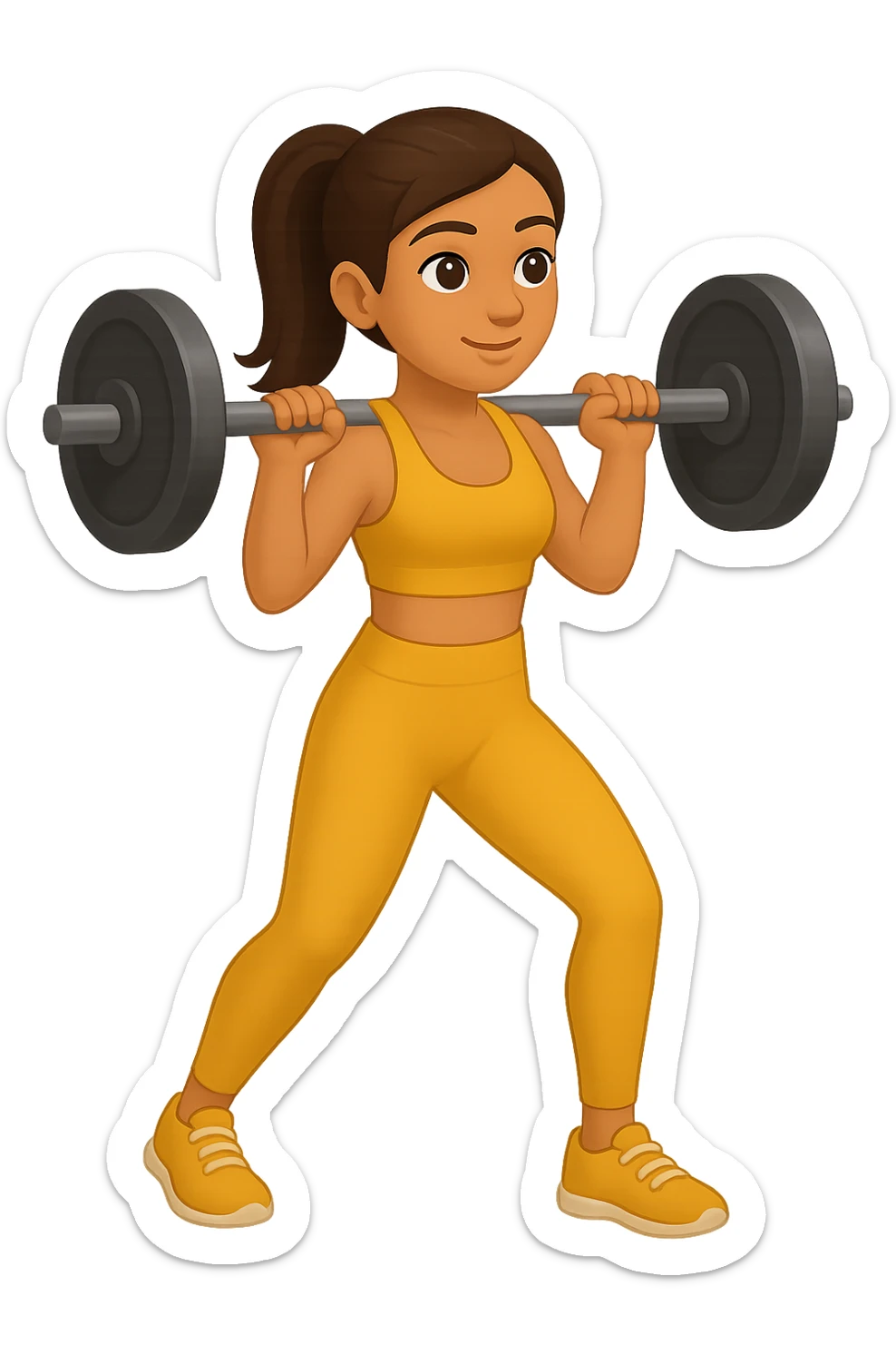 Create an emoji style illustration of a girl doing musculation wearing a cute yellow workout set, inspired by the reference image. sticker