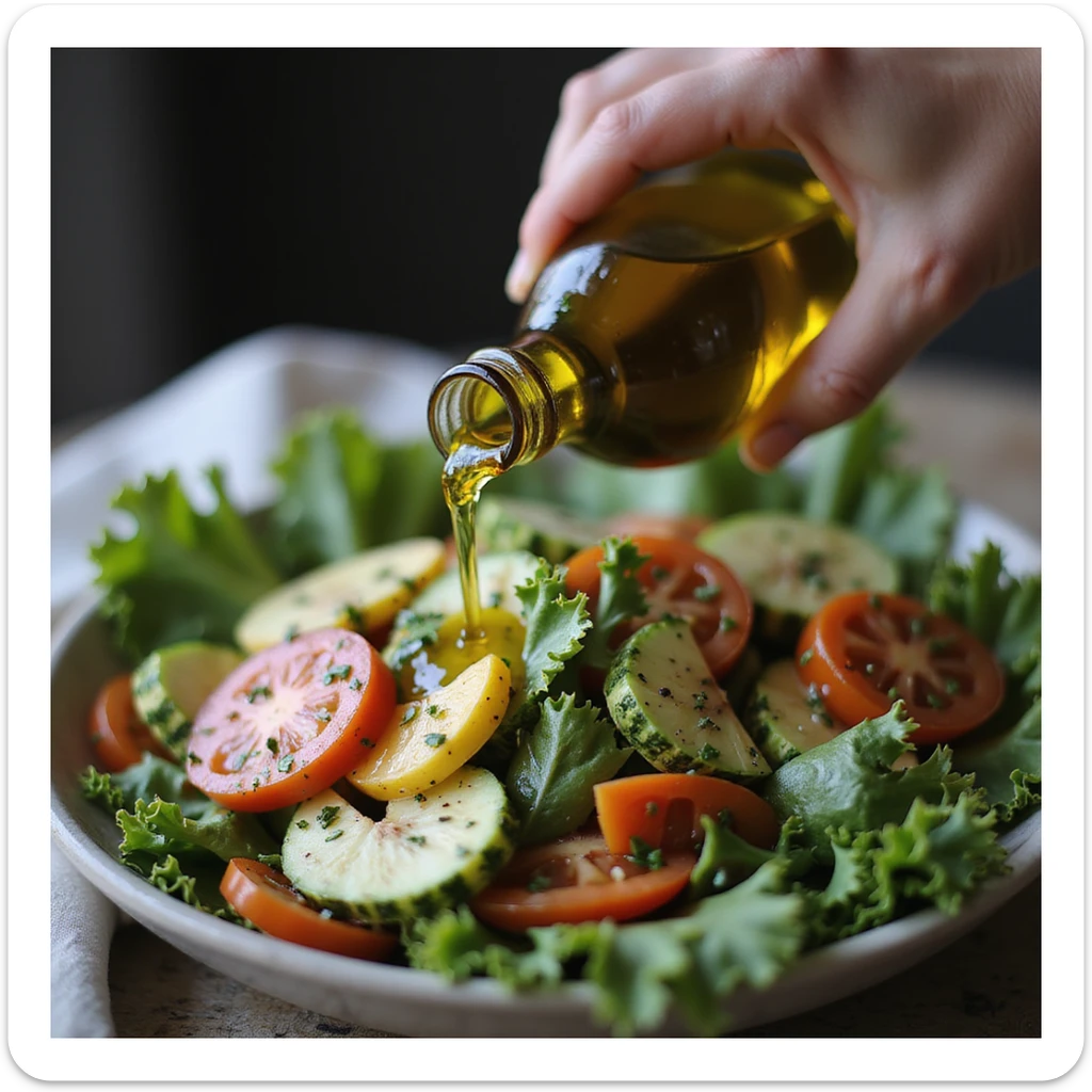 close-up of a hand pouring extra virgin olive oil on a fresh vegetable salad, Mediterranean atmosphere, realistic details, blurred background sticker