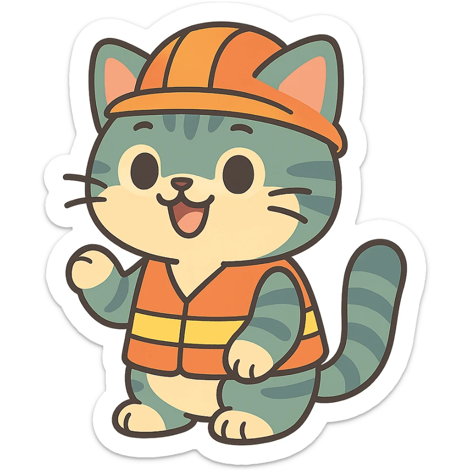 adorable anime cat in orange helmet and vest sticker