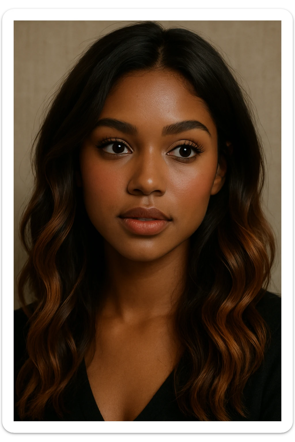 portrait of a young woman with dark skin, brunette hair with caramel balayage, brown eyes, curled lashes, blush, in a semi-realistic style sticker