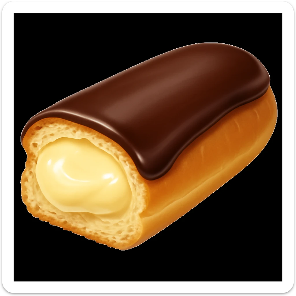 Add a glossy chocolate glaze on top of the sliced dairy-filled eclair, keeping the style and background the same as the original image. sticker