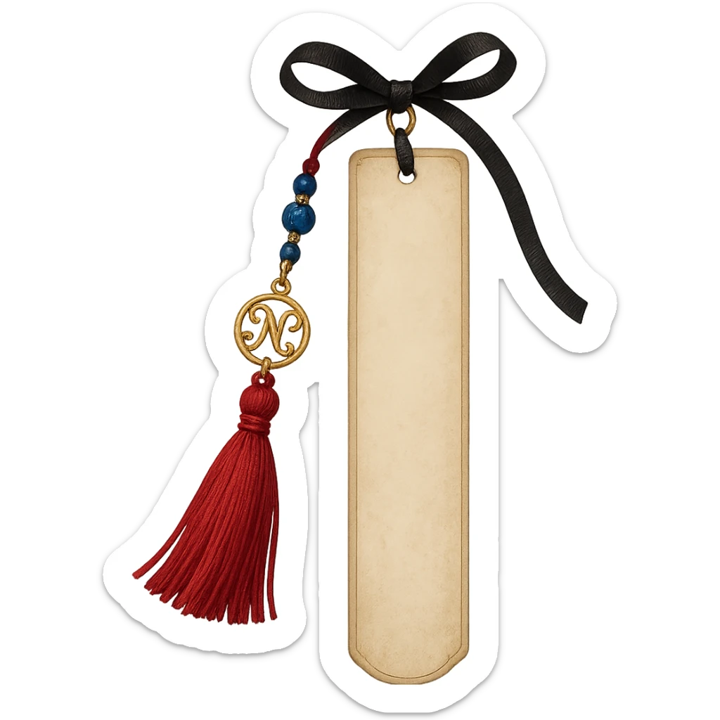Bookmark with red tassel, gold charm, black ribbon, blue beads, elegant literary style sticker