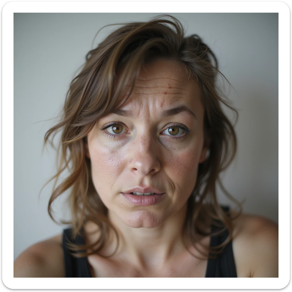 realistic style portrait of a woman with a lot of cellulite, visibly desperate and tired of her condition, face visible with a marked expression of despair and fatigue, neutral background sticker