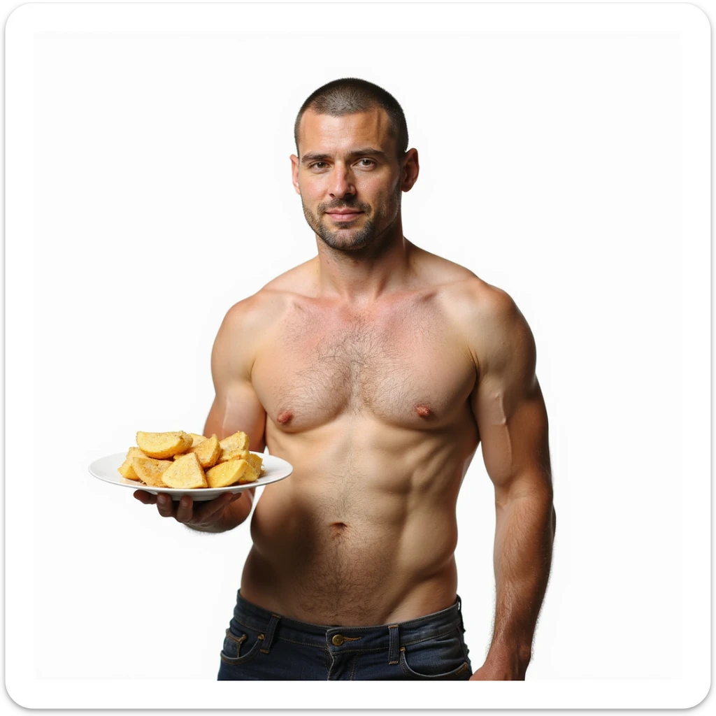 realistic man, untoned physique and dull skin, plate without fats, atmosphere of deficiency, caption in Italian: “Assenza di grassi buoni: salute compromessa”, isolated on white background sticker