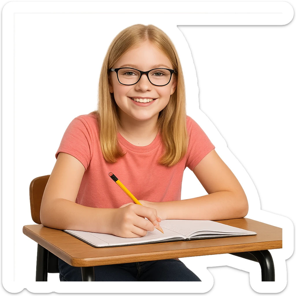 6th grade girl with blonde hair and glasses, sitting at a desk sticker