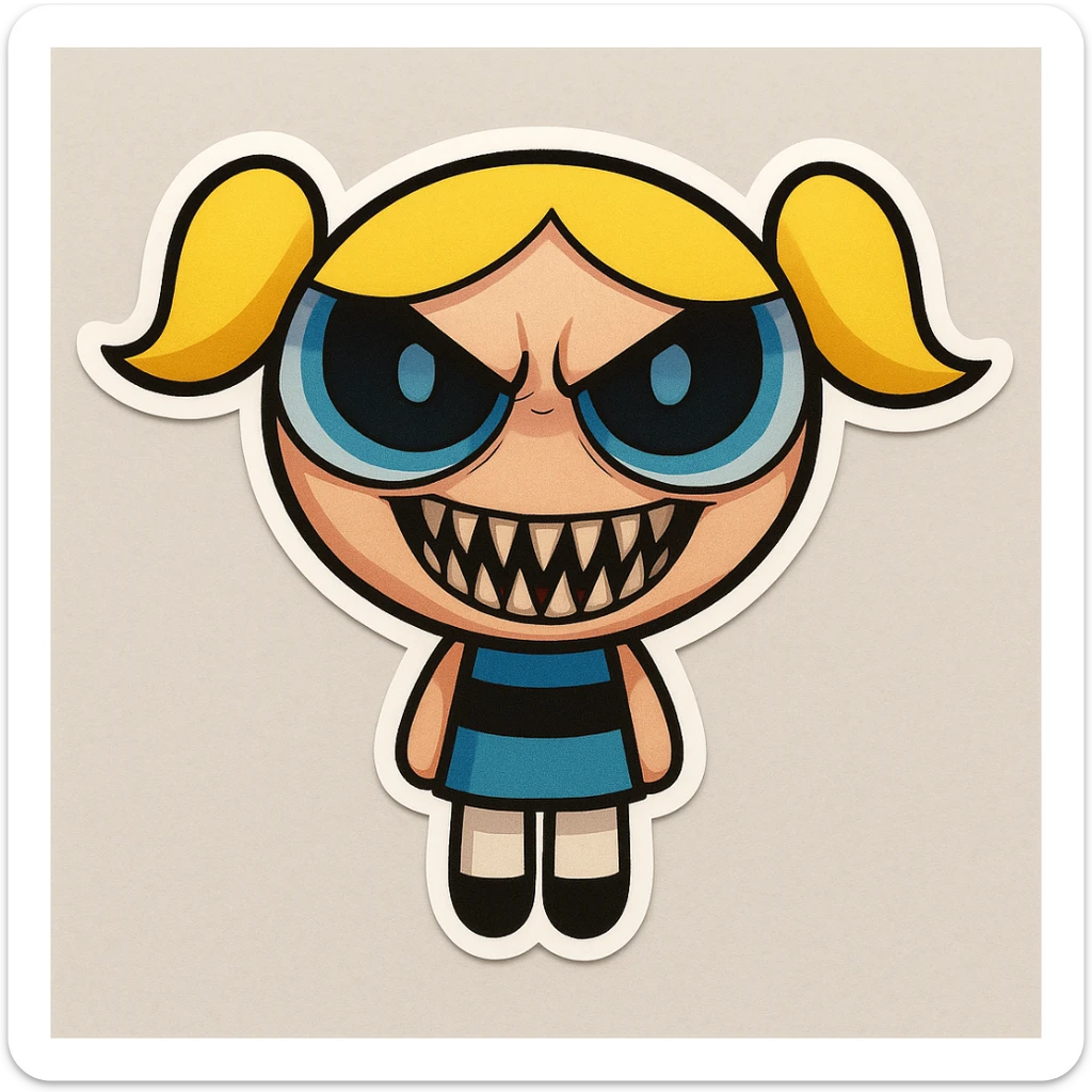 Make this character scary with a scary face, keep the original cartoon style and quality. sticker