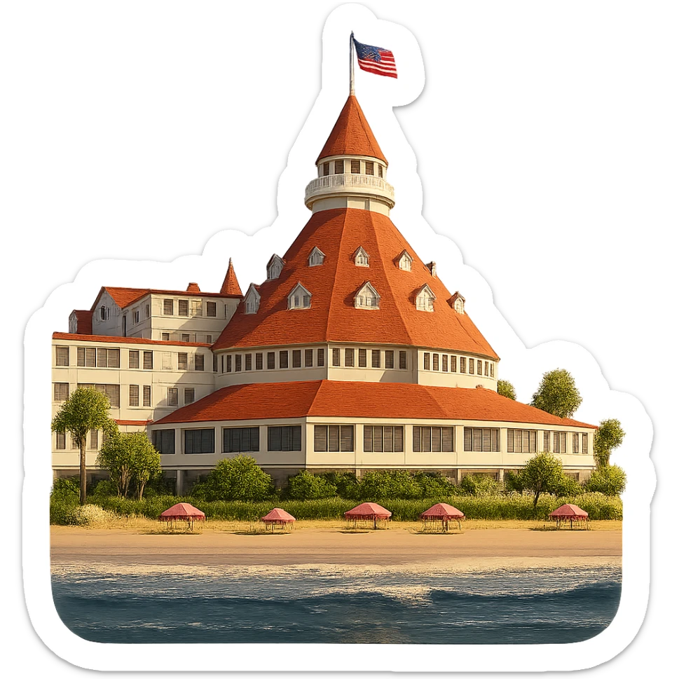 cinematic, realistic emoji of the landmark beachfront Hotel Del Coronado in San Diego, viewed from the ocean, showing the hotel and its beach, with majestic, ornate architecture, lifelike detail, bright regal lighting as on a sunny day, building in accurate shade of white, roof tiles in accurate orange color sticker
