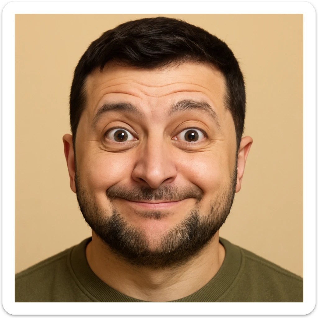 photorealistic emoji style portrait of Zelensky, round face, slightly goofy expression sticker