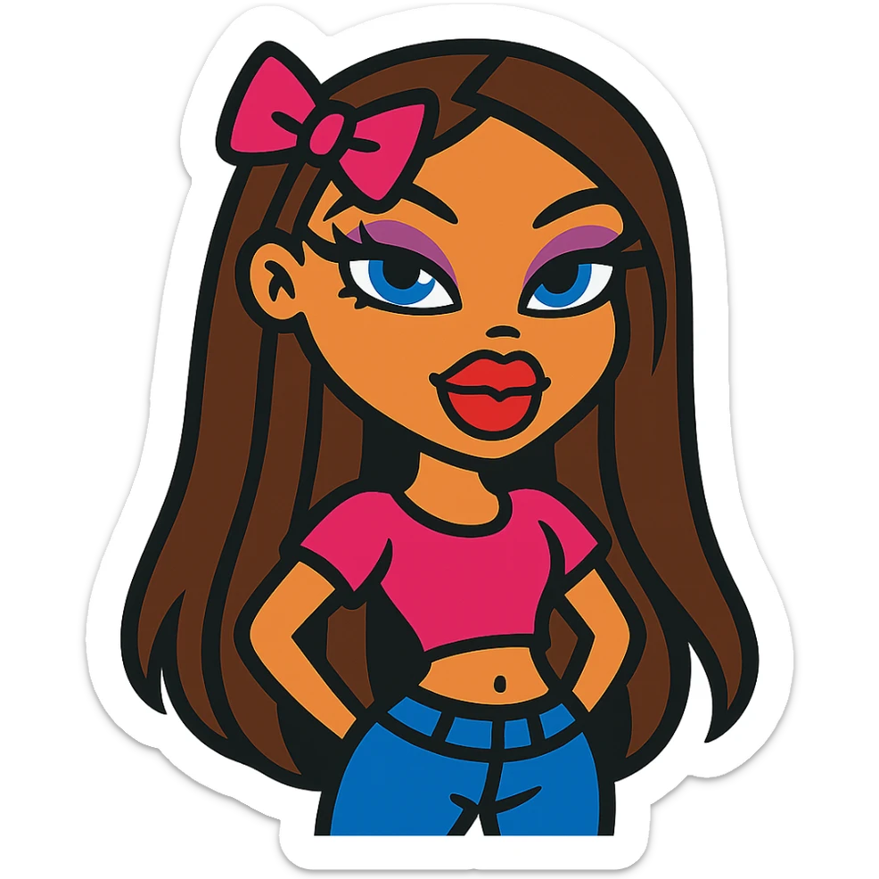 Bratz doll character with brown hair and a pink bow on her hair sticker