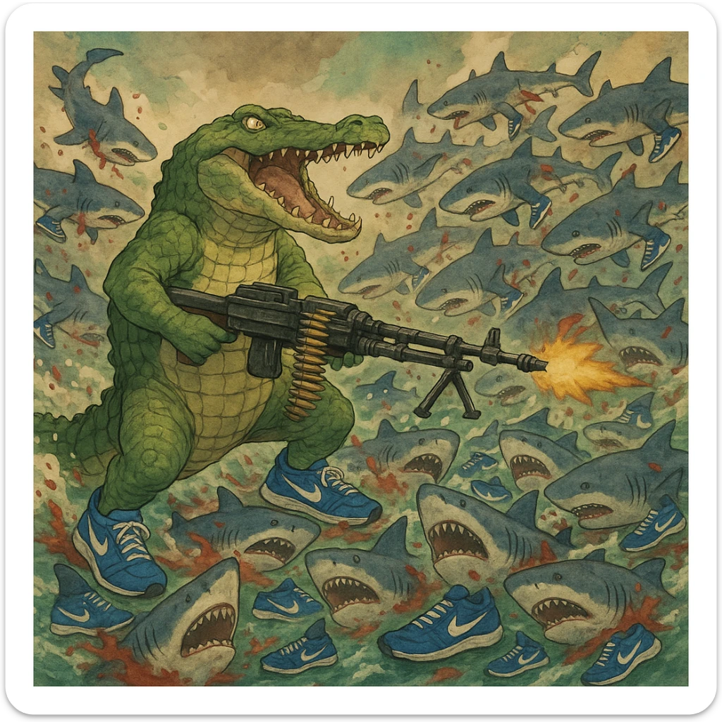 1 crocodile take m60 vs 20,000 shark They wear shoes Nike blue and crocodile killing all sharks  shoes Nike blue and crocodile wins sticker