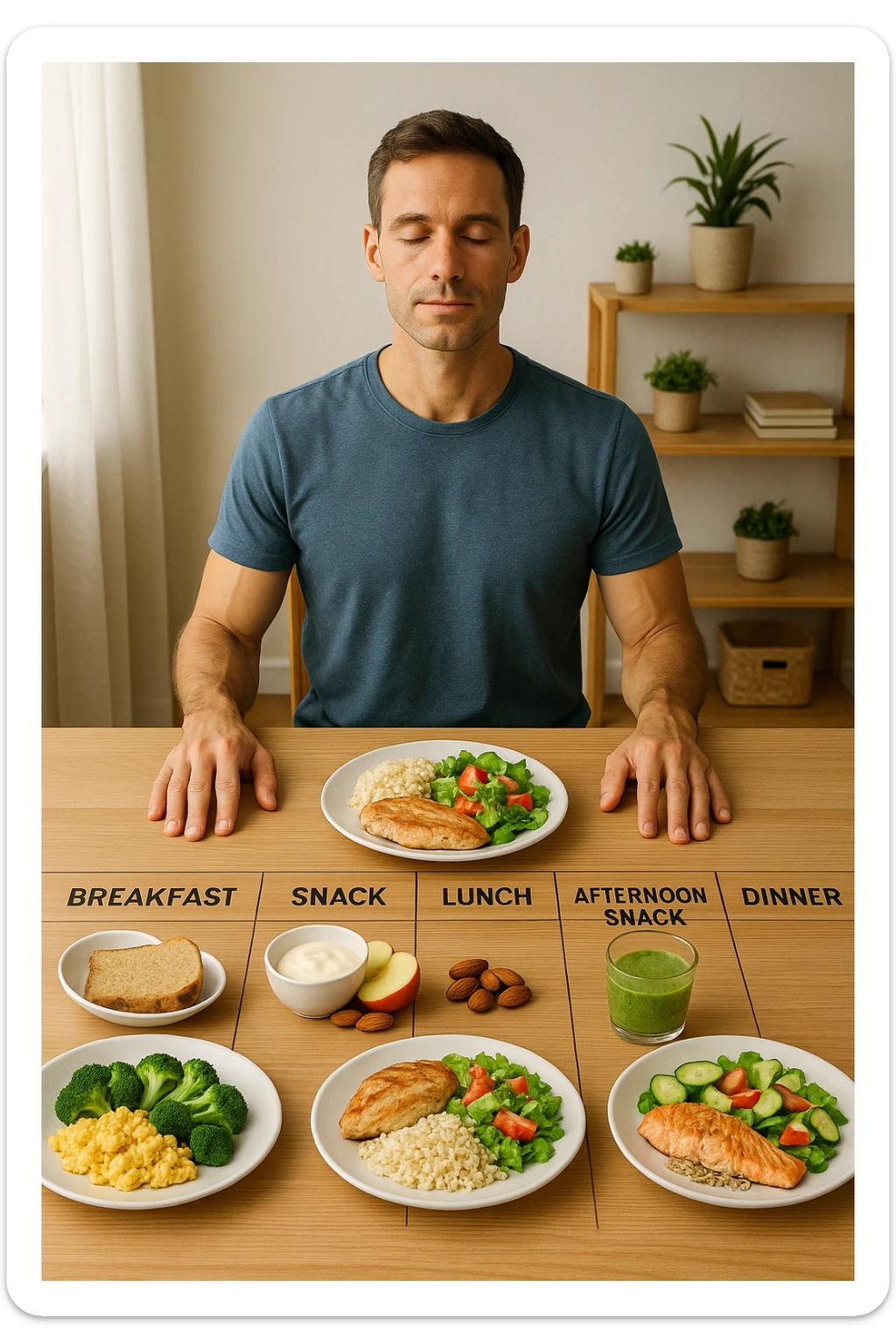 Uomo sereno con fisico sano e asciutto seduto davanti a un grande tavolo diviso in 5 sezioni, ognuna con un pasto bilanciato: colazione, spuntino, pranzo, merenda, cena. Ogni piatto ha porzioni equilibrate di proteine, carboidrati e grassi salutari. Ambiente ordinato, stile di vita sano, luce naturale, atmosfera di consapevolezza nutrizionale. sticker