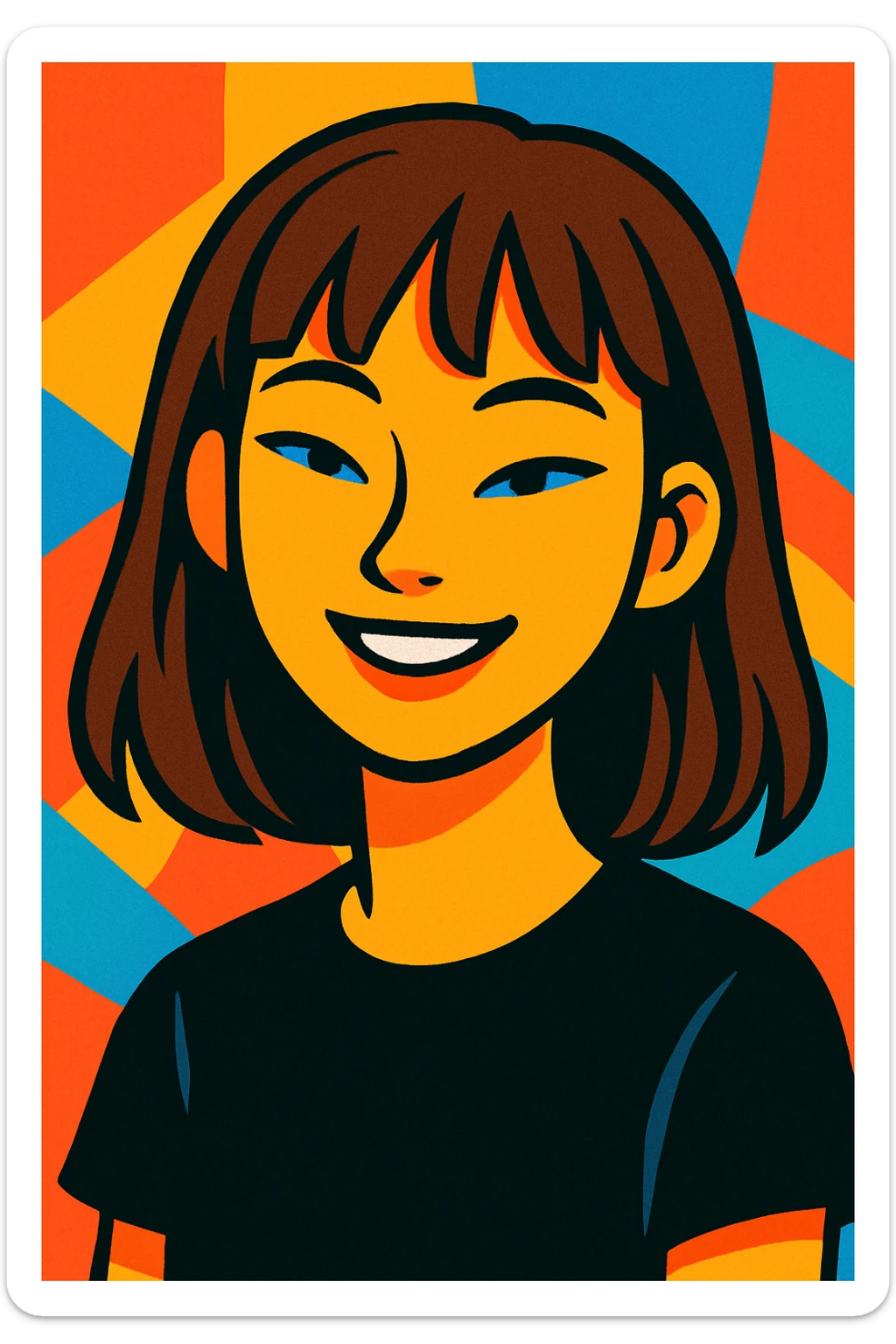 a girl with narrow Asian blue eyes, brown hair, and a small bang below her shoulders, wearing a black T-shirt, vibrant cartoon style sticker