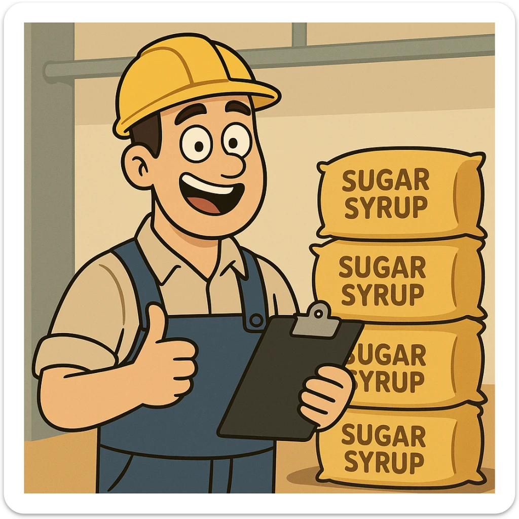 cartoon style factory worker happily confirming and receiving a new order, smiling, holding a clipboard or giving a thumbs up, with golden sugar syrup bags in the background, modern and cheerful scene sticker