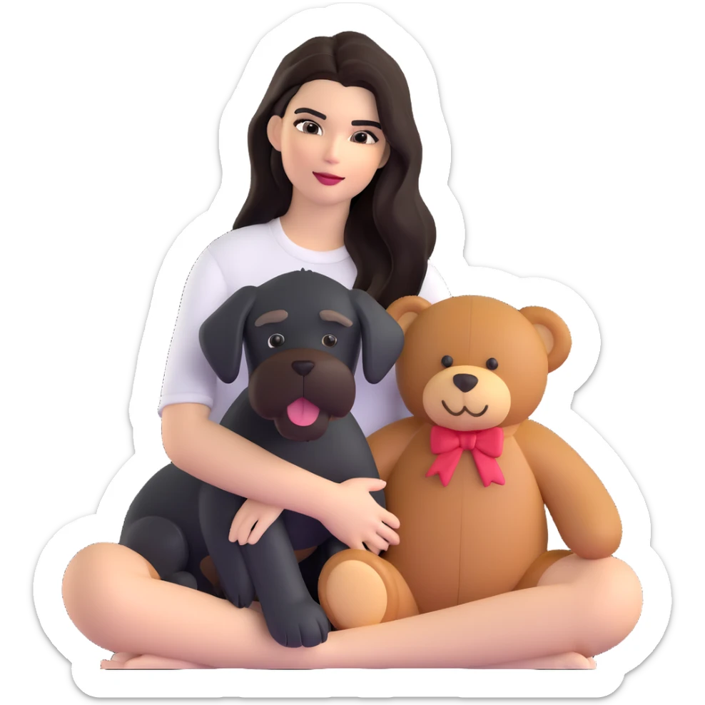 Kendall Jenner with long dark hair, holds a brown teddy bear and a black schnauzer sticker