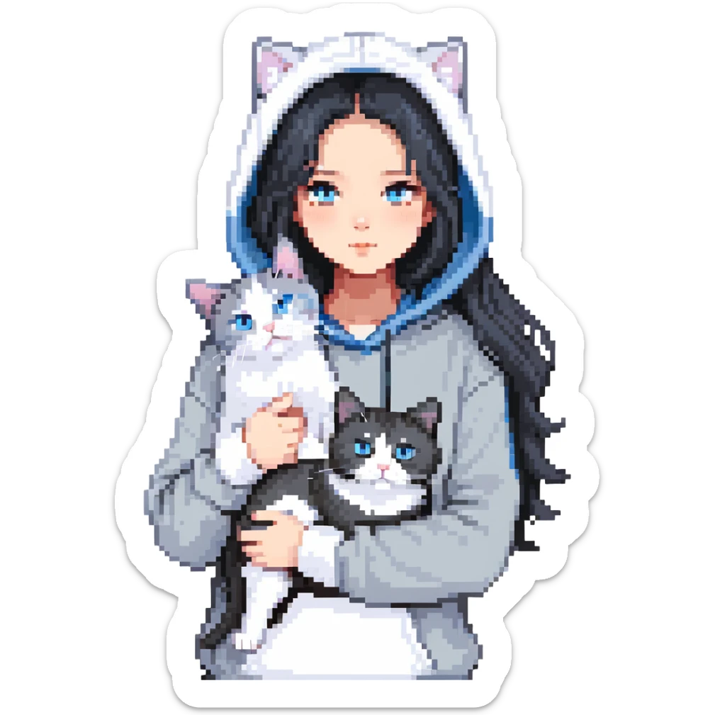 Girl with black hair in gray hoodie with a British shorthair blue and white cat and a long-haired blue and white cat sticker