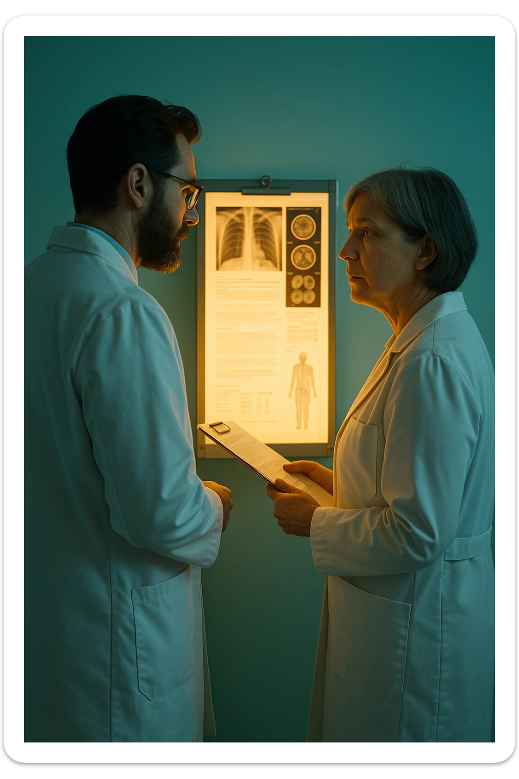 Realistic, detailed photo taken from behind of two doctors—a bearded man and a middle-aged woman—standing and facing each other as they discuss a diagnosis in front of a medical chart. The scene is illuminated by a yellowish, orange, warm light that softly envelops the doctors. The entire room is bathed in a single green-blue color, creating a cohesive and modern atmosphere. Both doctors wear white coats, and their body language suggests a serious, professional conversation. Shot with a Canon EOS R5, with high detail and natural depth of field. sticker