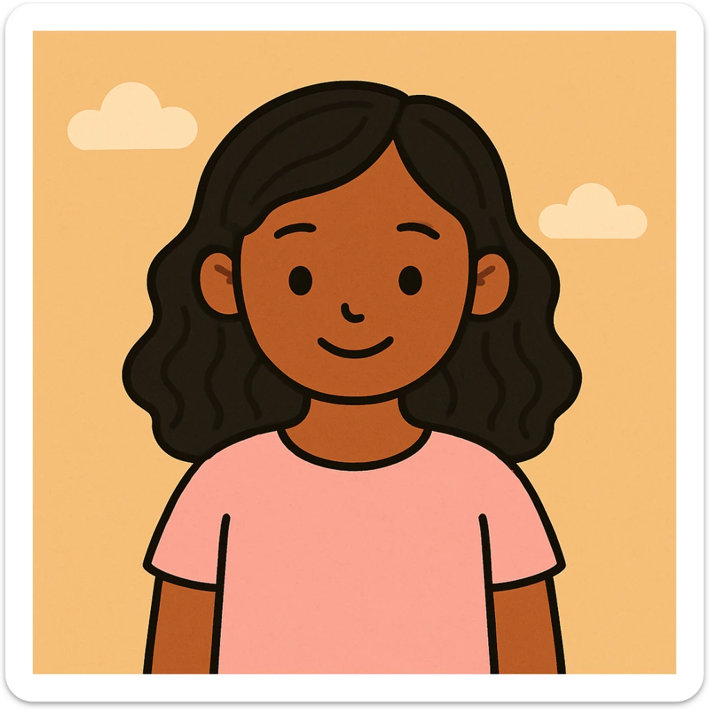 Make the black wavy hair arm length, keep the brown girl and cute light pink shirt, modern friendly illustration style sticker