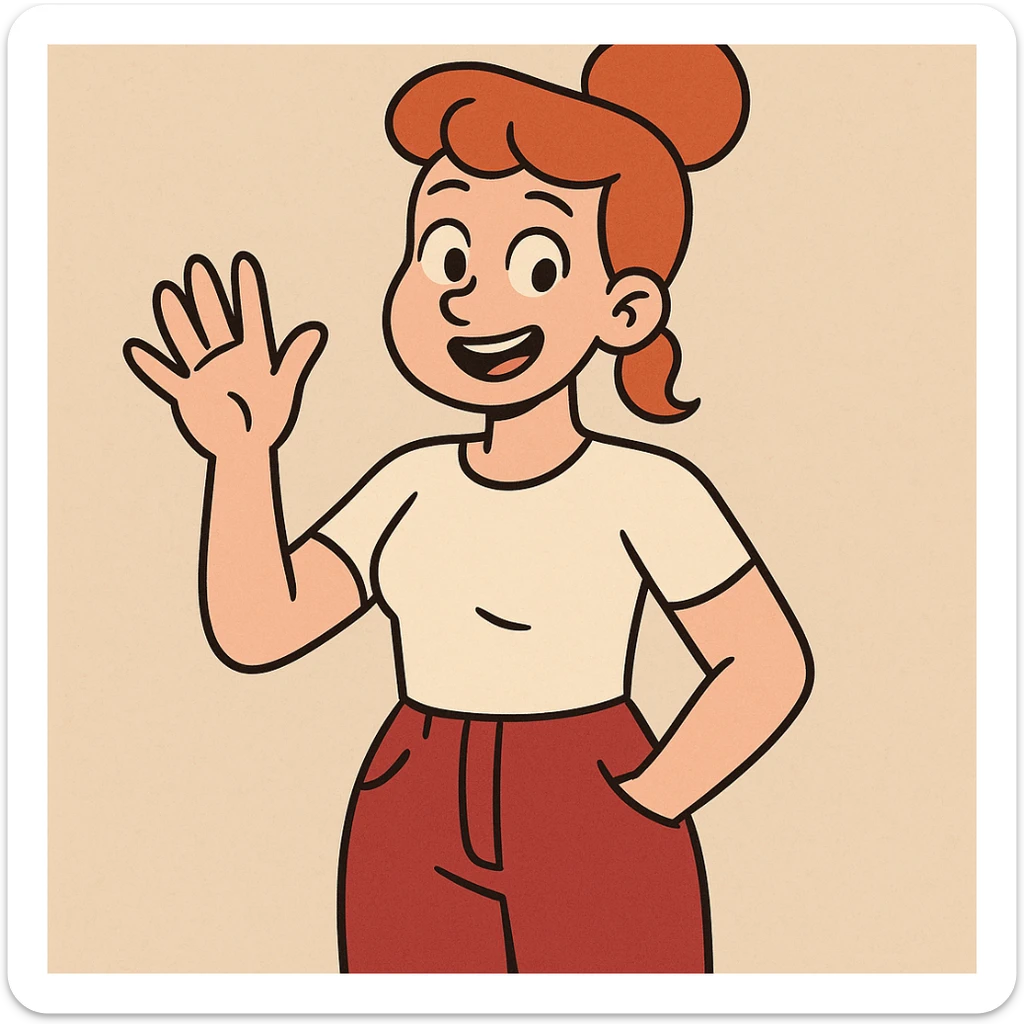 Girl dark orange hair bond hairstyle women's white t shirts pockets red trousers a hand hello  sticker