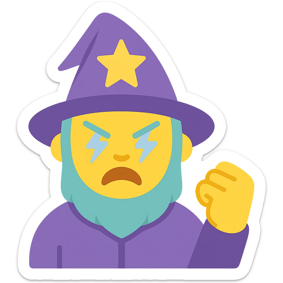angry wizard with lightning eyes and a balled up fist sticker