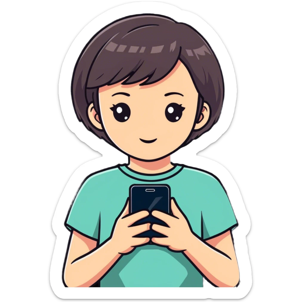 A little girl holding her phone of a picture  sticker