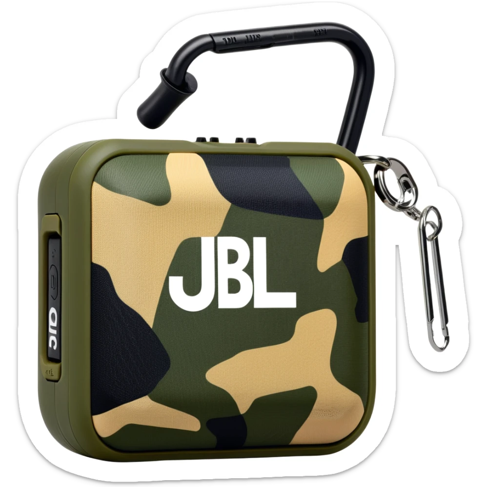 JBL Go Clip 4 portable speaker with camouflage colors and carabiner clip sticker
