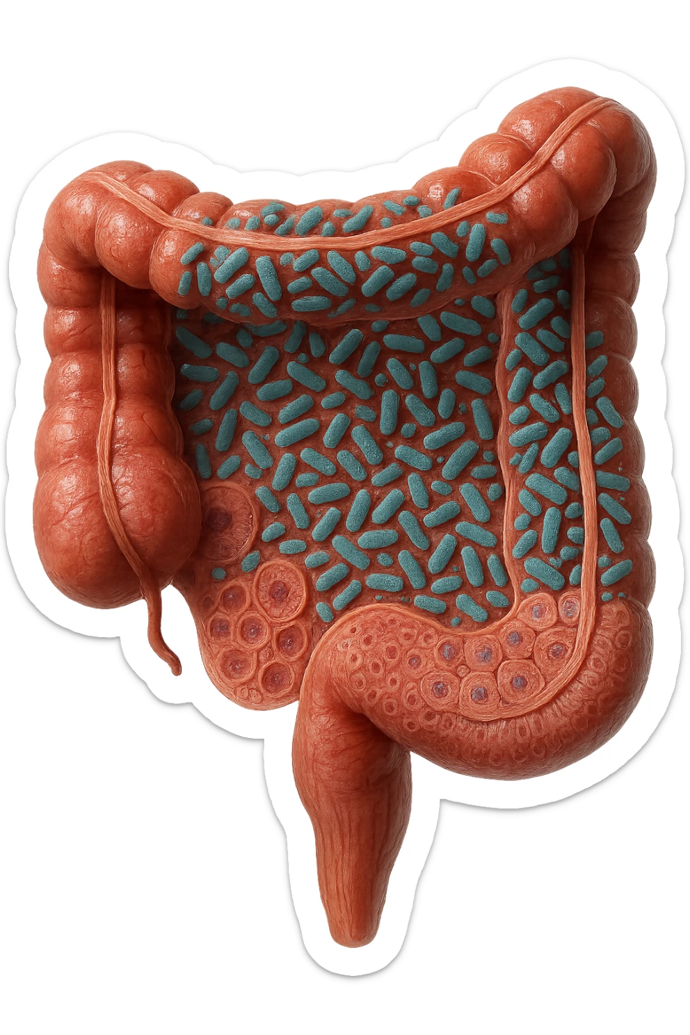 COLON DI UN INTESTINO UMANO ANATOMICO CON ALL'INTERNO PIENO DI BATTERI INTESTINALI, IPERREALISTICO 4K sticker