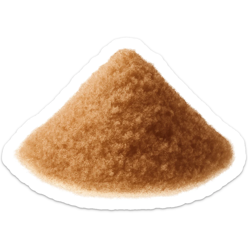 Refine the golden-brown sugar pile to show fine, small grains with a warm amber tone, matte and lightly clumped, natural molasses look, no spoon, bowl, or packaging, soft lighting, subtle shadows, transparent background, emoji scale. sticker