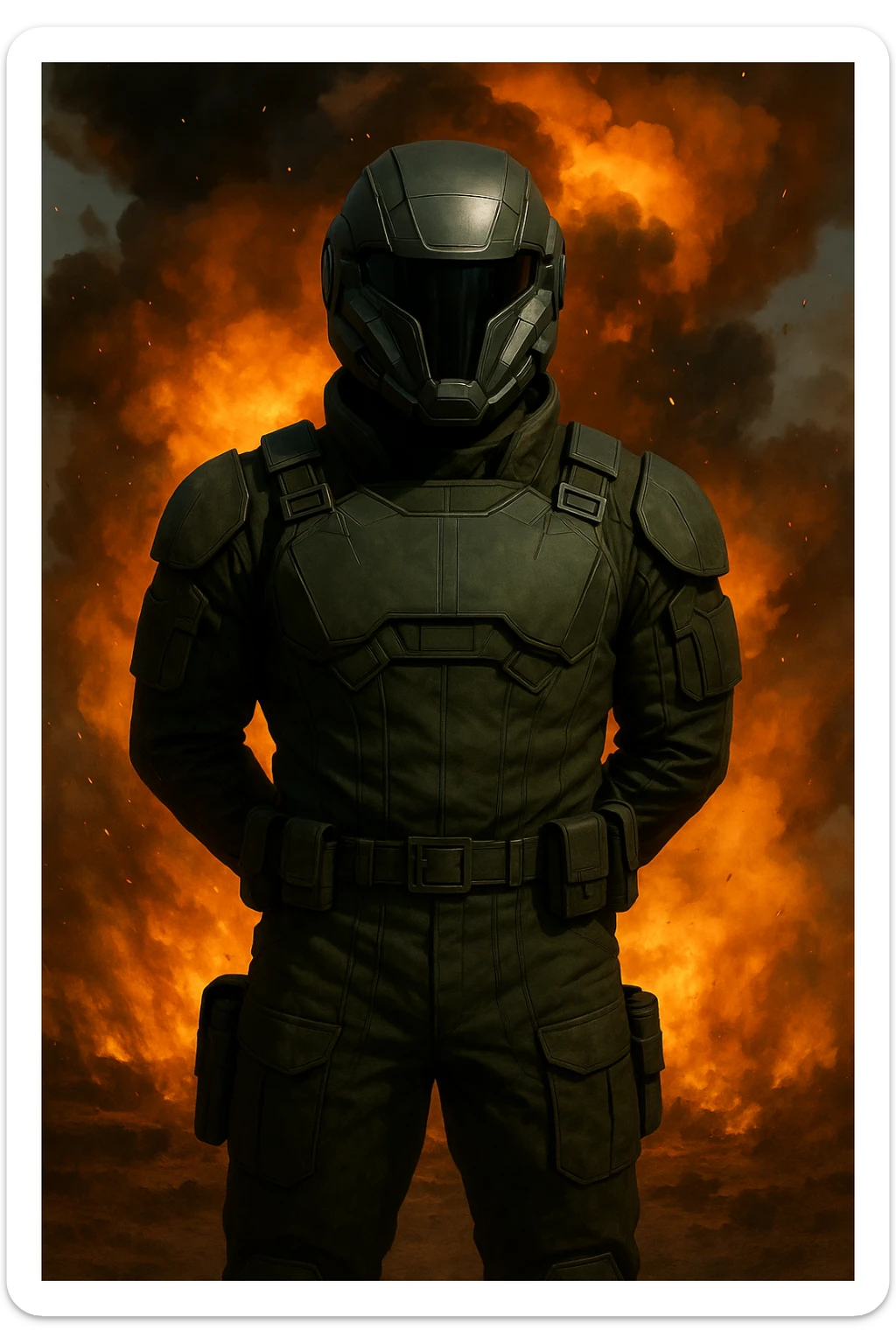 Add a sci-fi helmet to the man, keeping the dark green military fatigues and warzone background with explosions and flames. The style should maintain a realistic and intense warzone atmosphere with detailed explosions and flames in the background. sticker