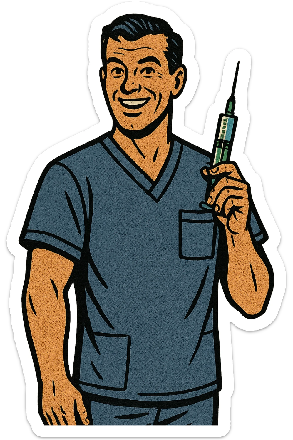 A full body of a friendly male nurse who is holding a vaccination syringe close to his body sticker