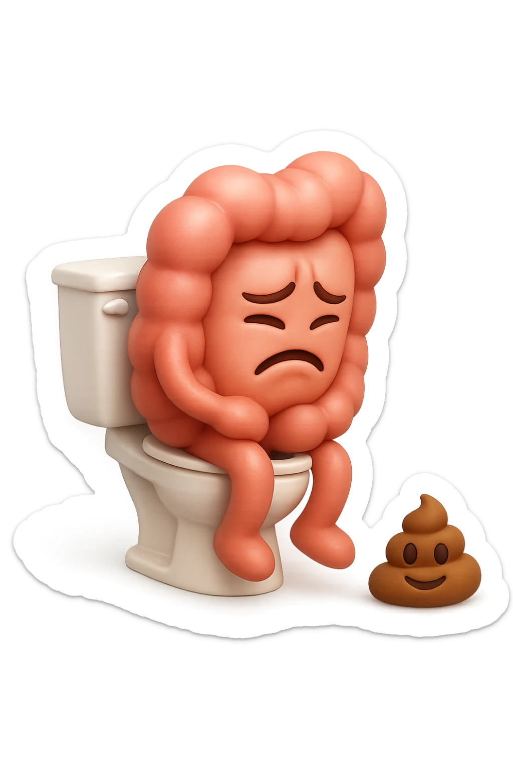 EMOJI STILE IPHONE 3D DI UN INTESTINO CHE sta seduto sul wc e davanti ha una montagnetta di feci a palline stile emoji iphone, fallo senza naso e FAGLI UN ESPRESSIONE di dolore mentre si sforza E FALLO MOLTO REALISTICO IN 3D sticker
