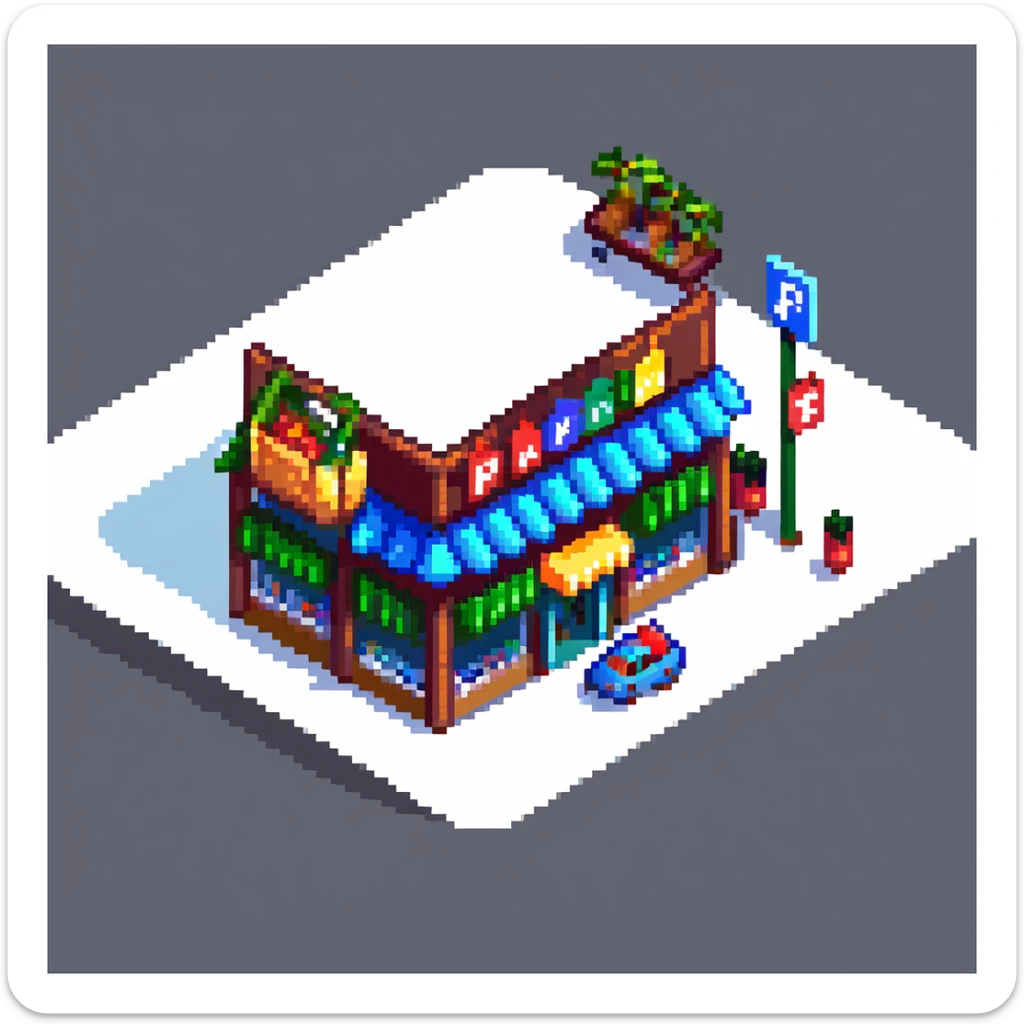 Isometric view of a supermarket building exterior with parking lot, shopping carts, and store sign sticker