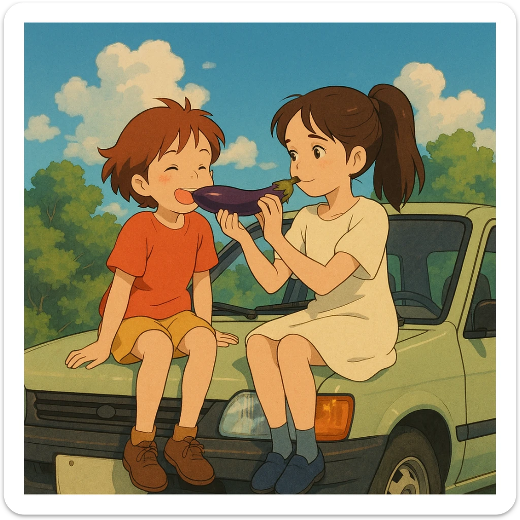 two girls eating an aubergine on the hood of a car, ghibli-inspired style sticker