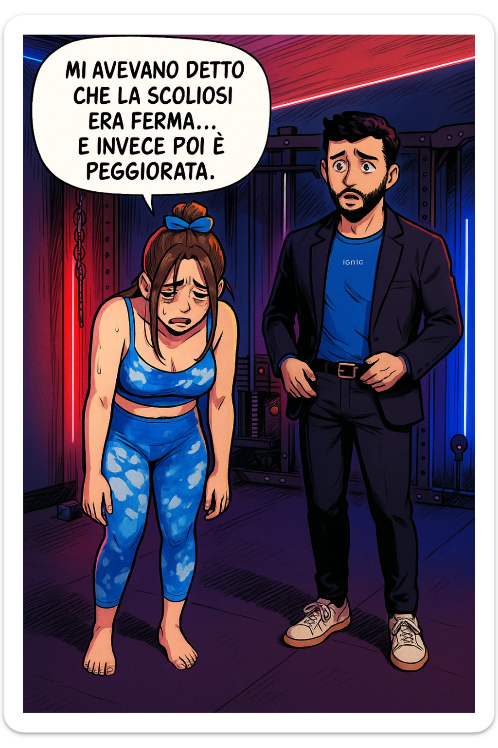 fai questa immagine in versione fumetto/manga/webtoon a colori, il manga mostra la donna disperata con un fumetto sulla testa che dice:
Mi avevano detto che la scoliosi era ferma… e invece poi è peggiorata.
 sticker