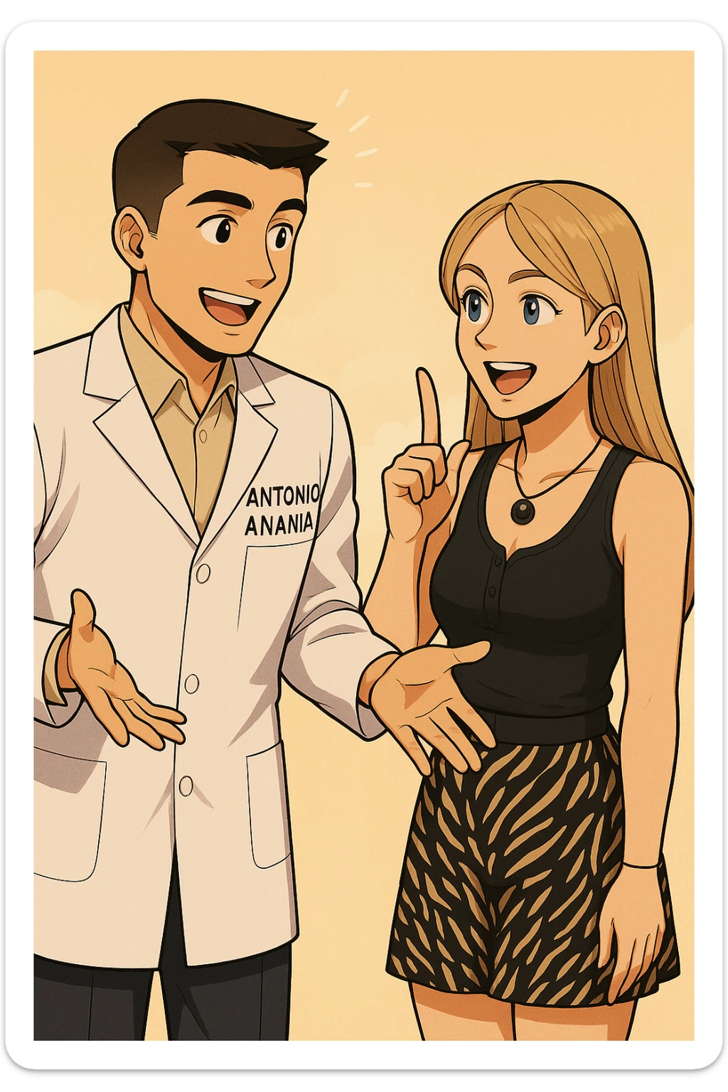 fai un webtoon/manga a colori con questo kinesiologo in camice bianco (fagli la scritta "ANTONIO ANANIA" SUL CAMICE) CHE PARLA CON QUESTA RAGAZZA CON GLI OCCHI AZZURRI. la ragazza lo guarda entusiasta con un indice alzato, IL KINESIOLOGO ha un espressione felice e la aspetta a braccia aperte. NON FARE I FUMETTI, FAI SOLO LORO COME SE DIALOGASSERO sticker