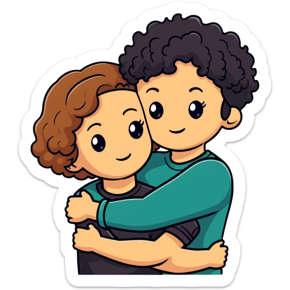 girl with long light brown hair and pale skin hugging a boy with short black curly hair and tanned skin sticker