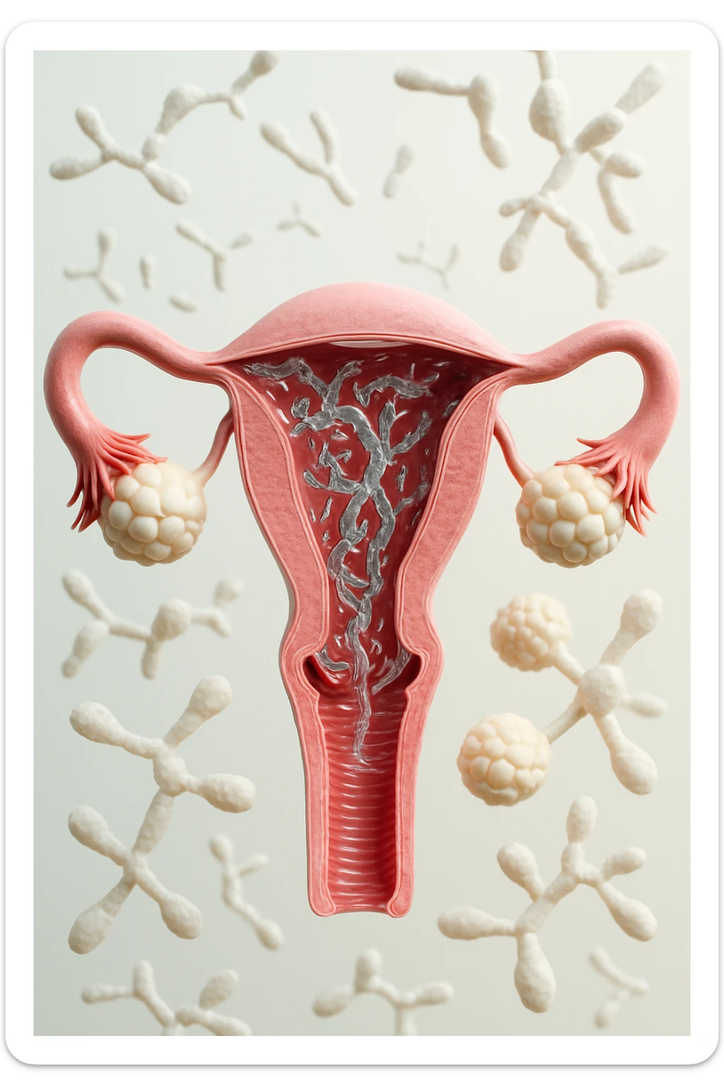 utero umano realistico con batteri della candida intorno, la foto si deve vedere per intero in formato verticale, sullo sfondo neutro chiaro ci sono batteri della candida, iperrealistico 4k sticker