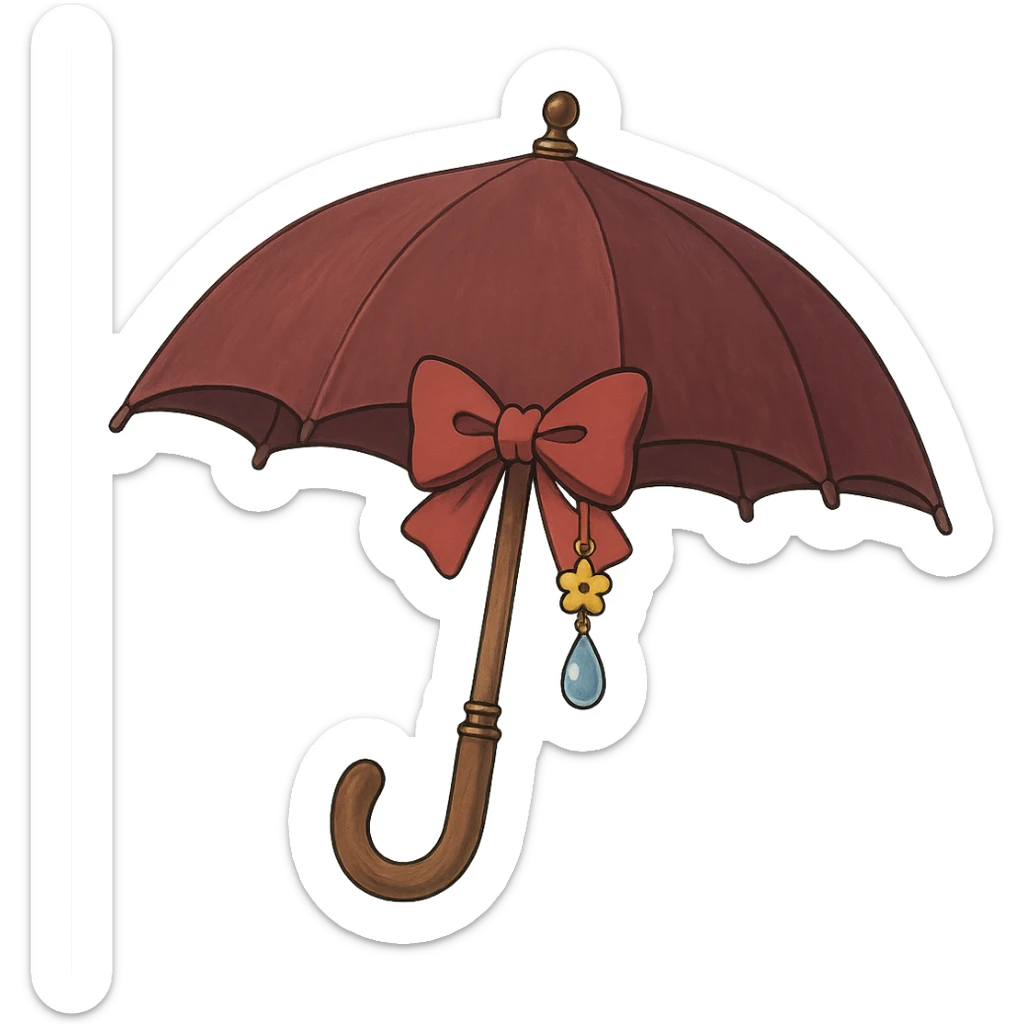 Add accessories such as a bow, charm, and raindrop keychain to the vintage burgundy umbrella. Keep the Ghibli style. Remove the background. sticker