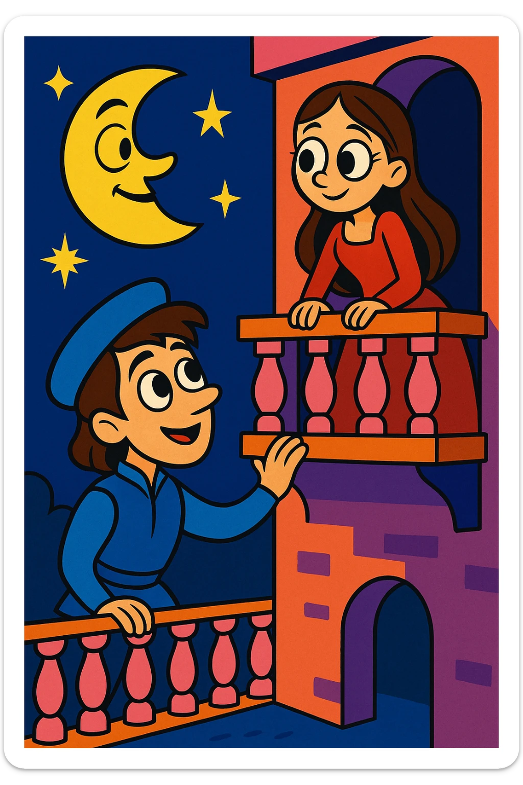 Romeo and Juliet on a cartoon balcony at night, big eyes, whimsical moon, fun and expressive, cartoon style sticker