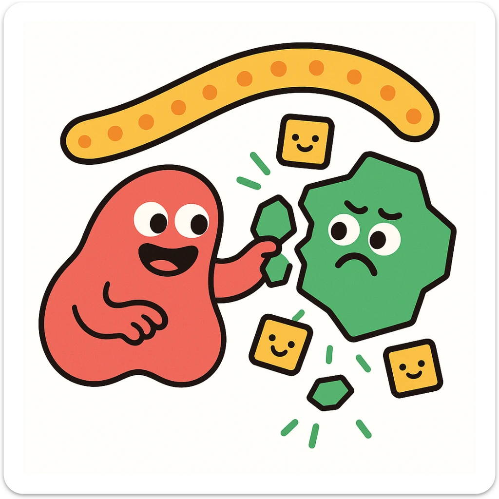 Ultra-detailed emoji-style illustration of enzyme digestion: Red amylase breaking green starch into sugars near a yellow cell membrane. Clean white background, no text. Scientific but simple sticker