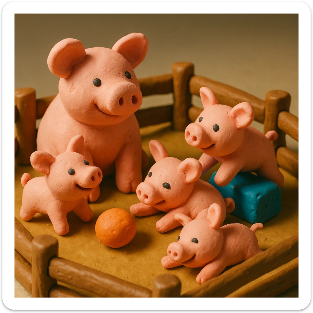 claymation style pig family in a wooden pen, piglets playing, colorful and cheerful sticker