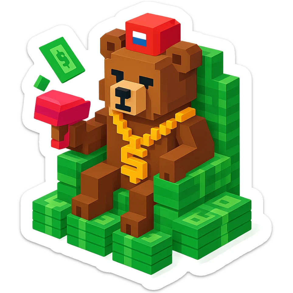 Russian grizzly bear with a rapper chain and a money gun, sitting on a throne of cash sticker
