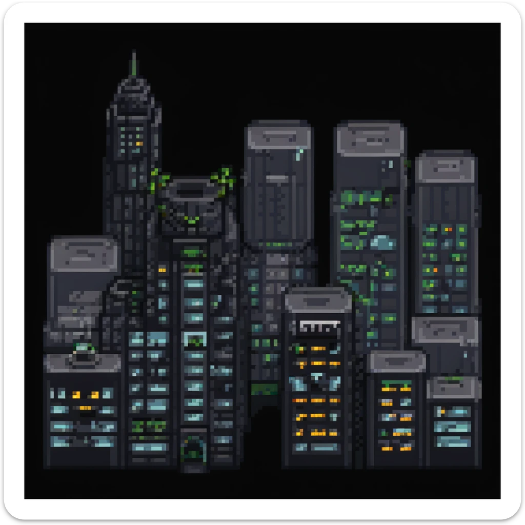 Pixel art night scene of Gotham City. Dark, moody street with a flickering lamppost, trash bins, and a few shadowy human silhouettes. Gritty atmosphere, subtle lighting, cinematic noir vibe. sticker