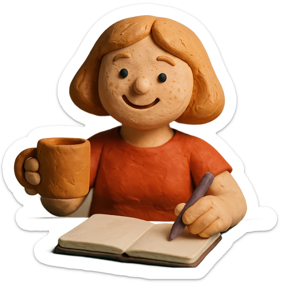 happy light-skinned female author, strawberry blonde page haircut, round face, freckles, smiling, with a coffee mug and sketchbook sticker