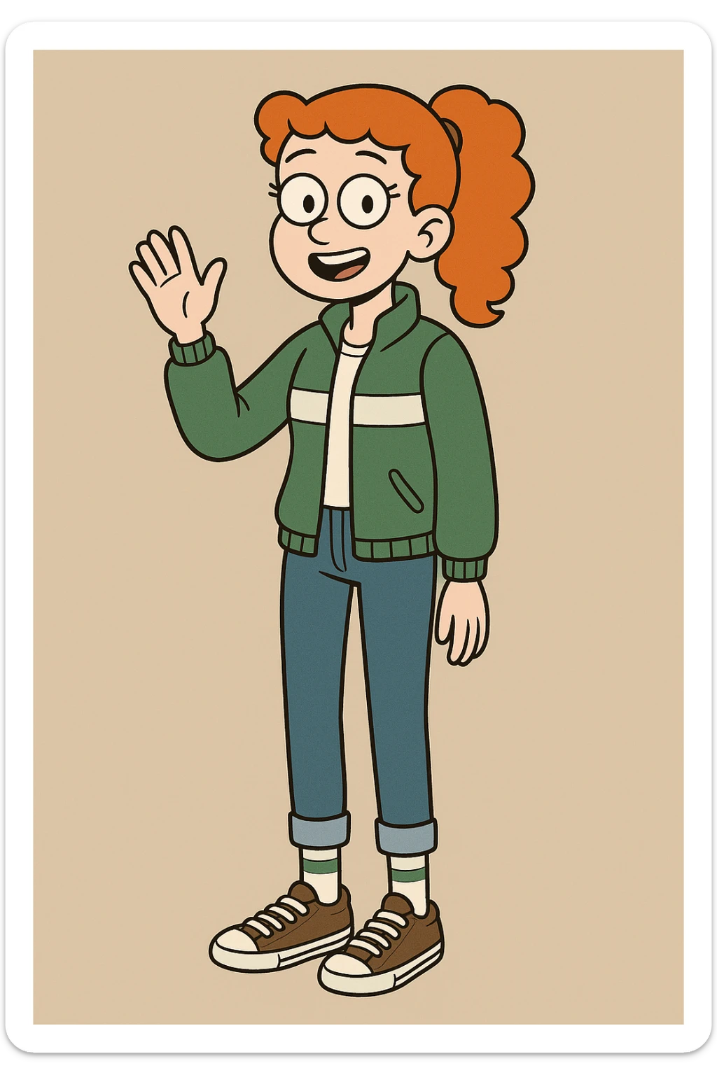 A girl Orange curly ponytail white green stripes ddre sshair jacket jeans blue sports striped socks brown converse women's chuck taylor all star shoreline slip on casual shoe wave and say hello sticker